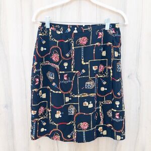 Petite Sophisticate Womens Silk Skirt Size 8 Navy Chain Print Vintage Chic Retro